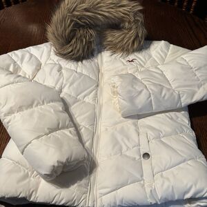 VTG Y2K Hollister Faux Fur Hood Sherpa Lined White Puffer Jacket Women’s Large
